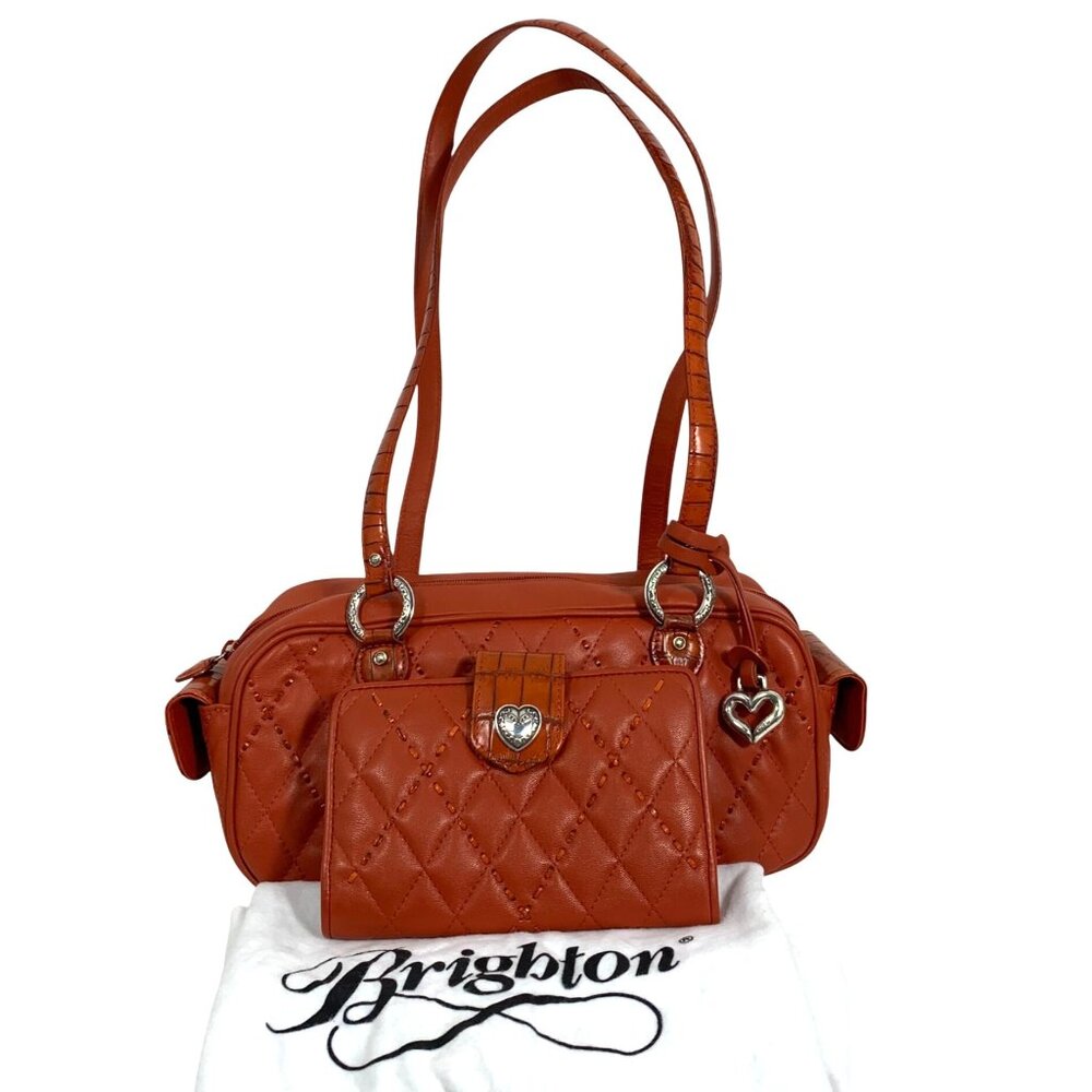BRIGHTON Orange Leather Puffy Quilted Handbag Side Pockets, Wallet, Dustbag EUC